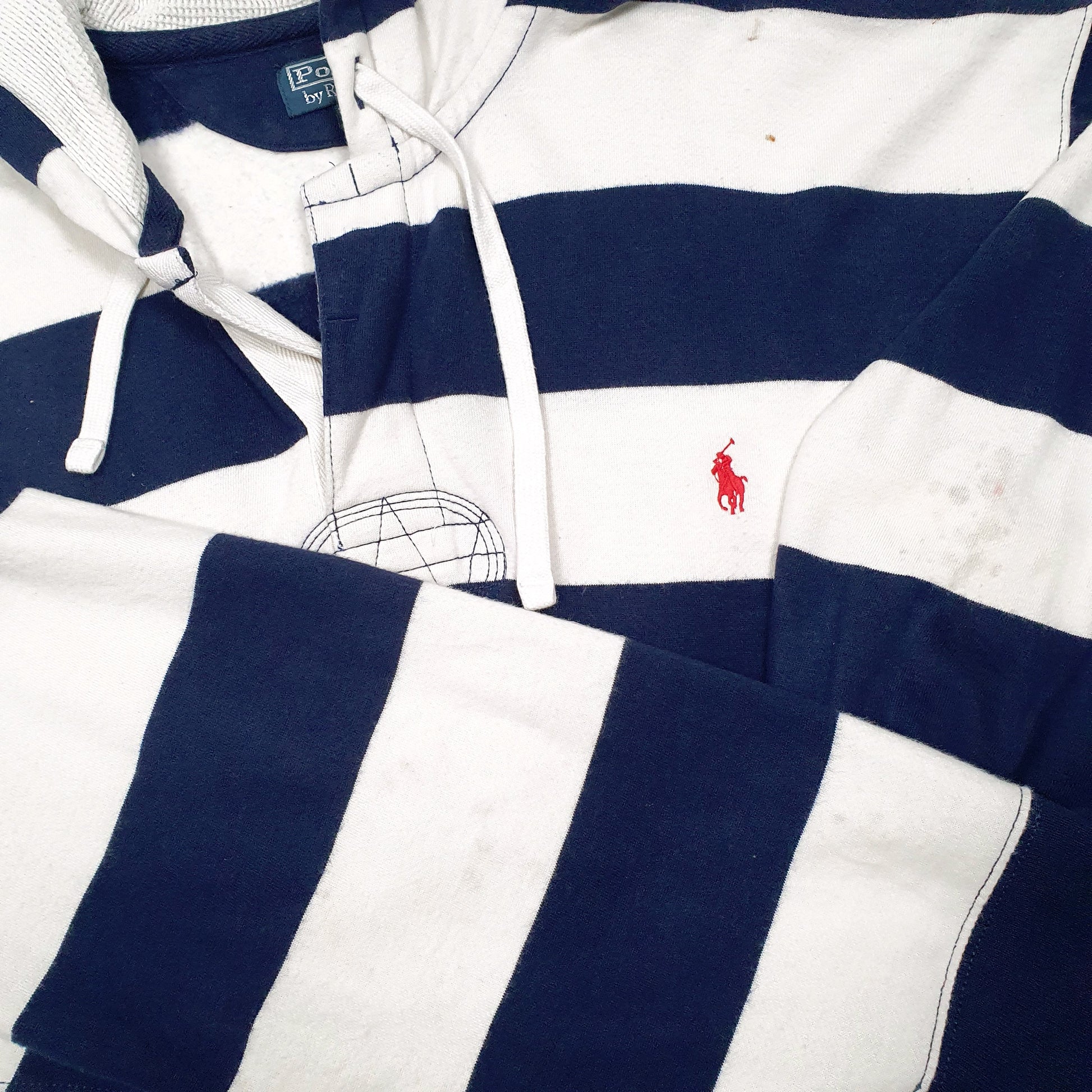 Mens White Polo Ralph Lauren Rugby Shirt Hooded Striped Hoodie Jumper