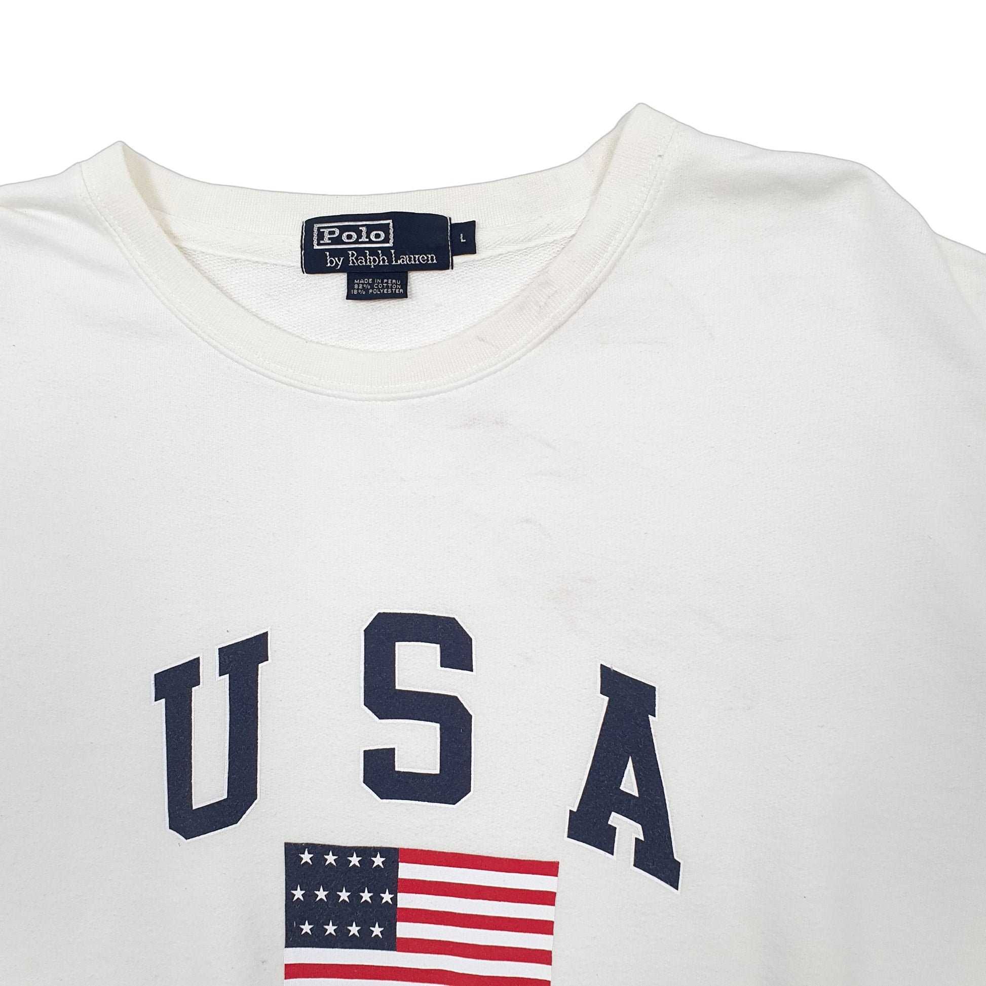 Mens White Polo Ralph Lauren USA Flag Spellout Crewneck Jumper