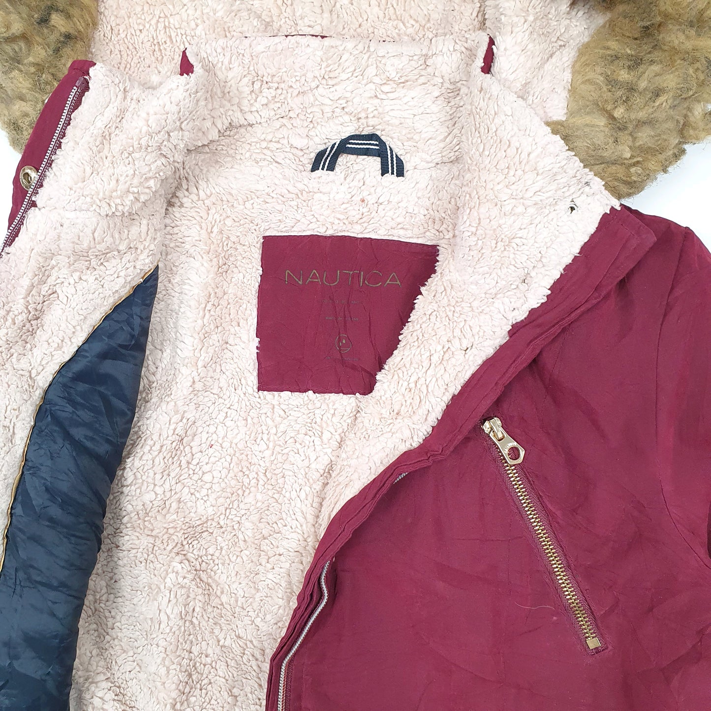 Womens Burgundy Nautica Sherpa Lined Longline Hooded Parka  Coat