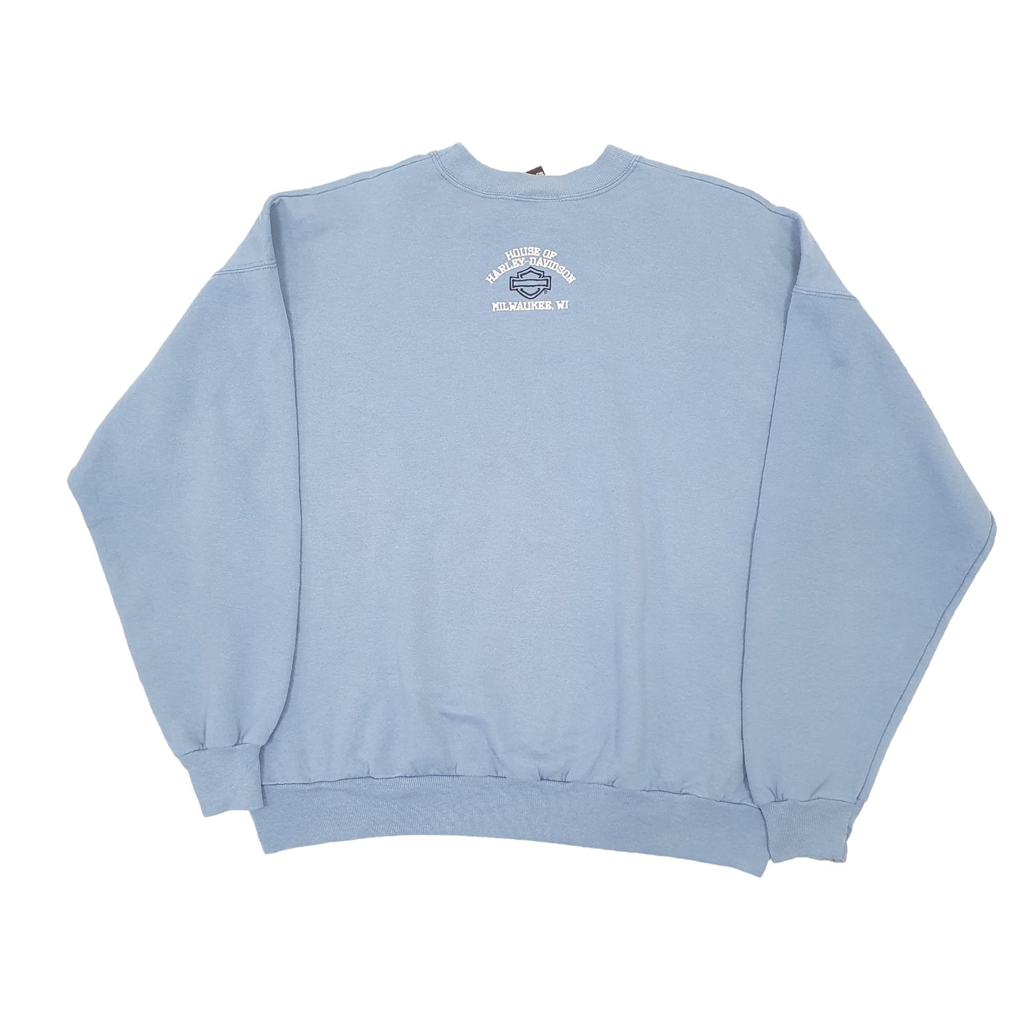 Mens Blue Harley Davidson Motorcycles Spellout USA Made Crewneck Jumper