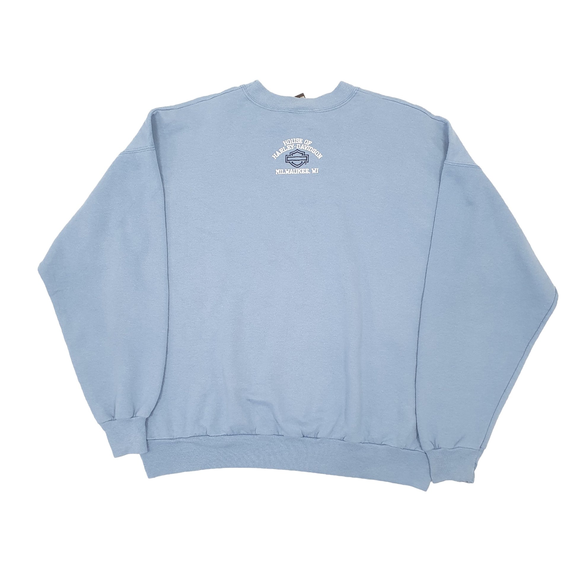 Mens Blue Harley Davidson Motorcycles Spellout USA Made Crewneck Jumper