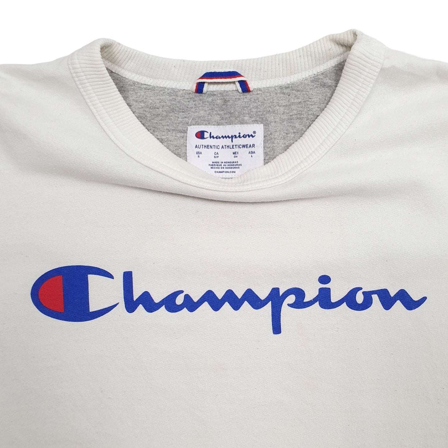 Mens Cream Champion Spellout Crewneck Jumper