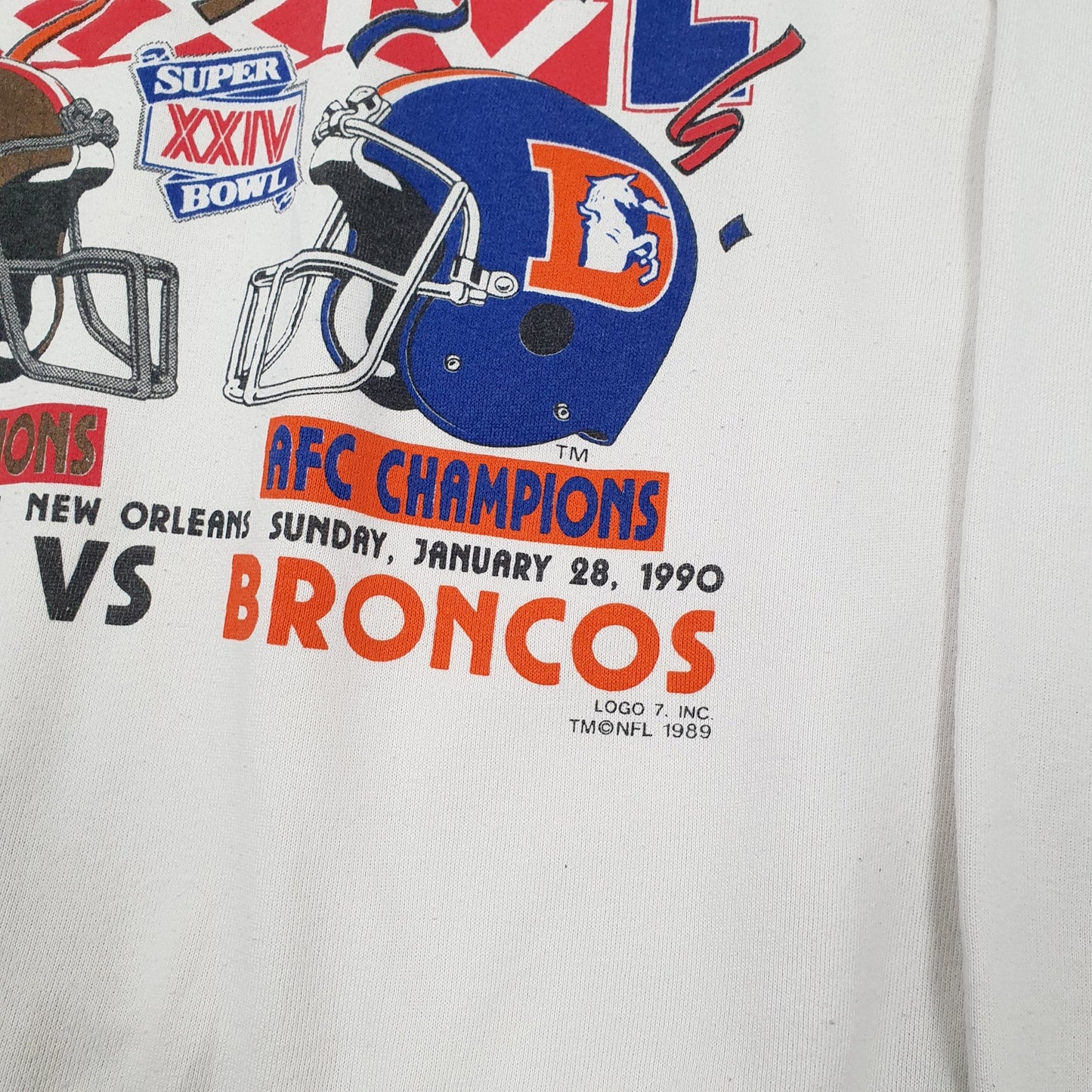 Mens White Logo 7 Vintage Made in USA 1990 Superbowl NFL Crewneck Jumper