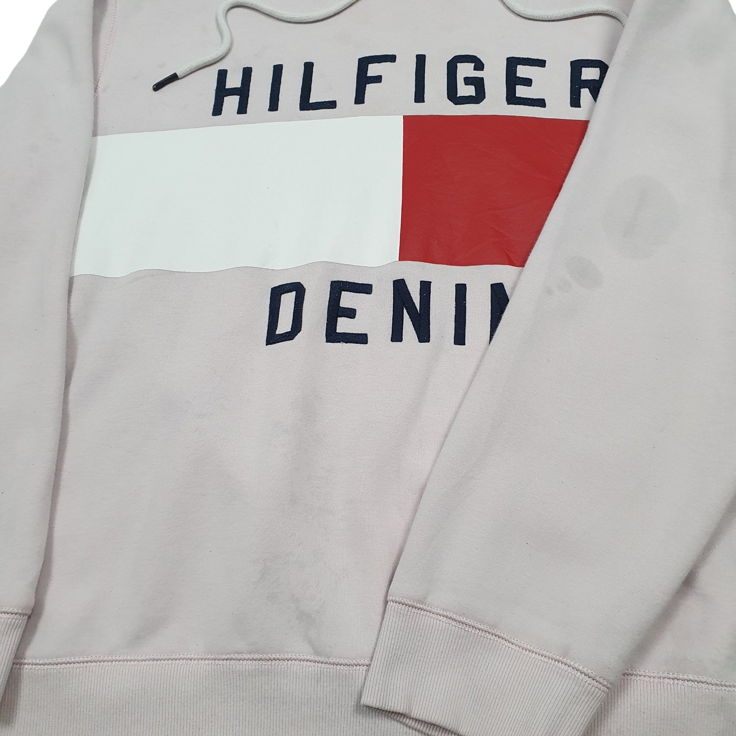 Womens Pink Tommy Hilfiger Spellout Denim Hoodie Jumper