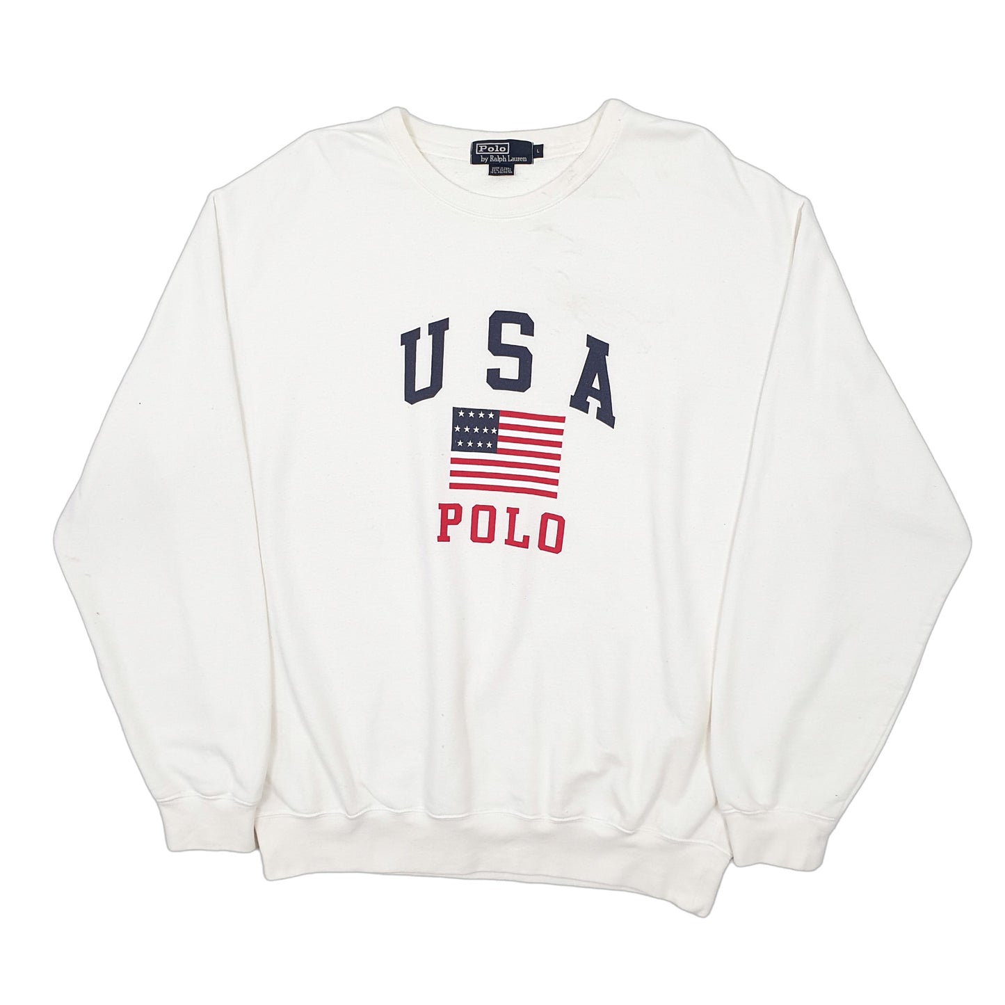 Mens White Polo Ralph Lauren USA Flag Spellout Crewneck Jumper