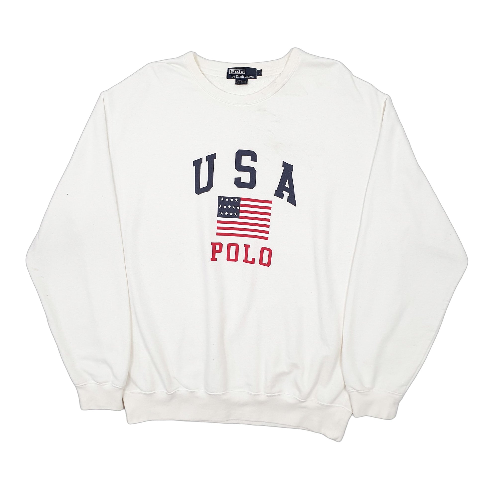 Mens White Polo Ralph Lauren USA Flag Spellout Crewneck Jumper