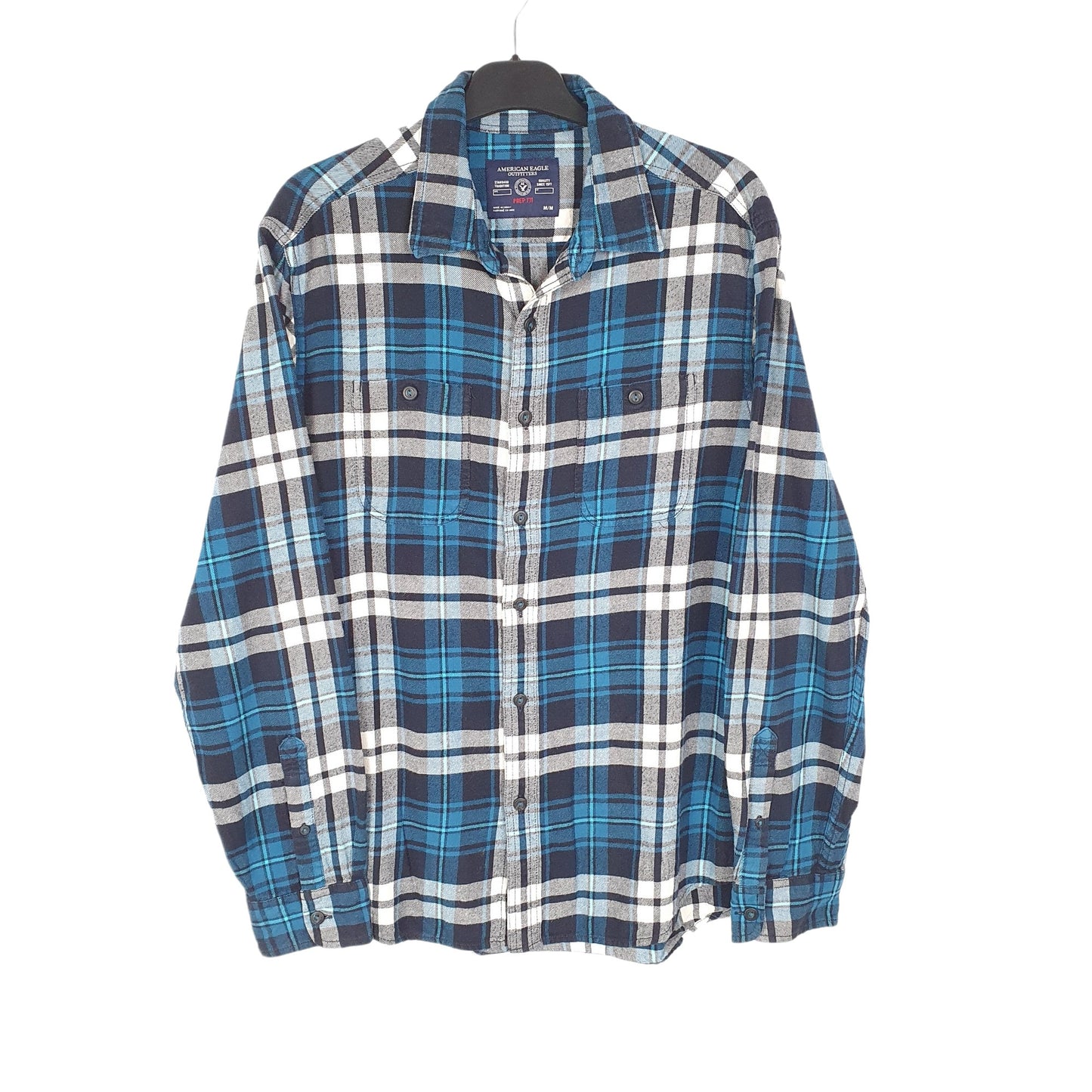 American Eagle Flannel Shacket Overshirt Long Sleeve Regular Fit Check Shirt Blue