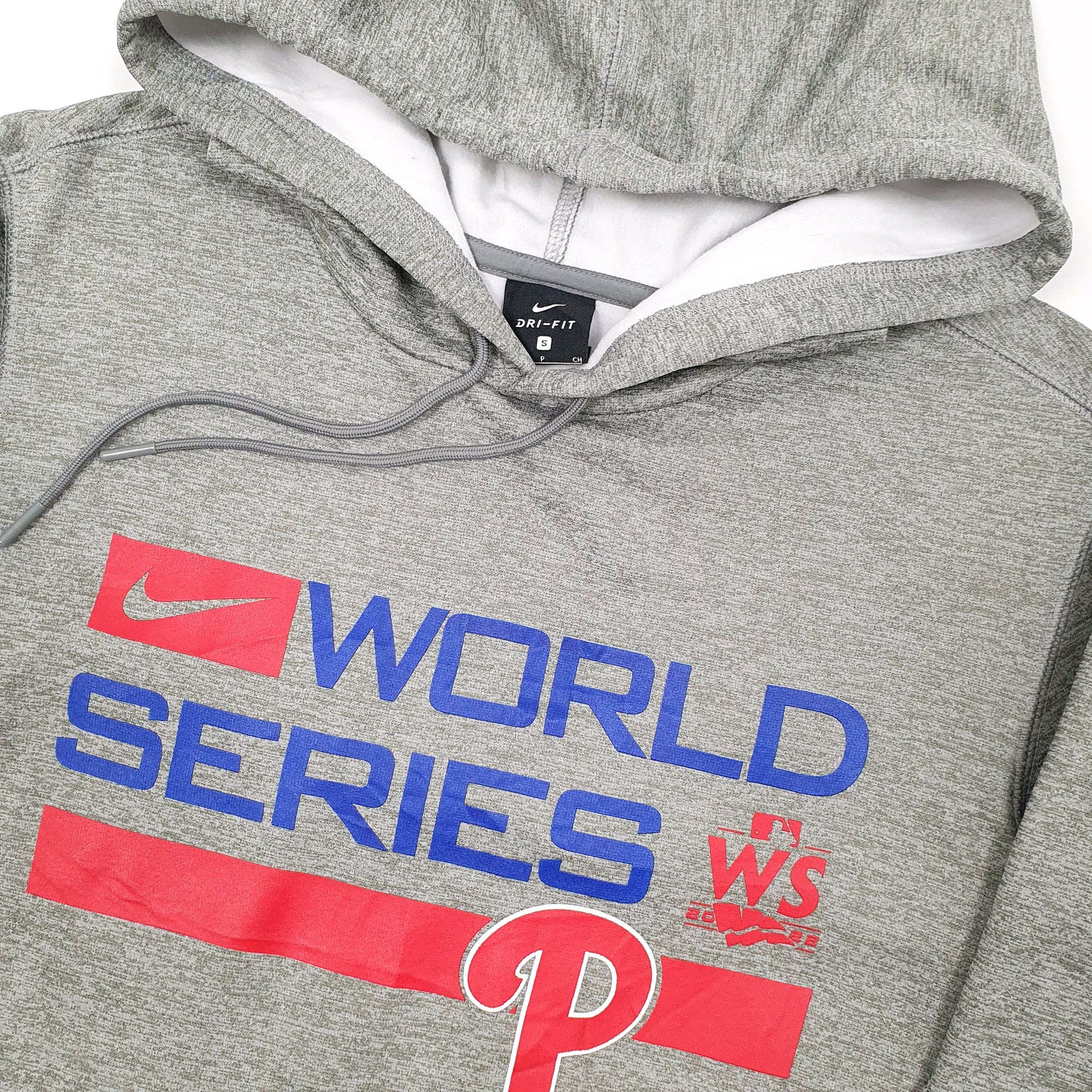 Mens Grey Nike MLB World Series Philadelphia Phillies USA Baseball Dri Fit Hoodie Jumper