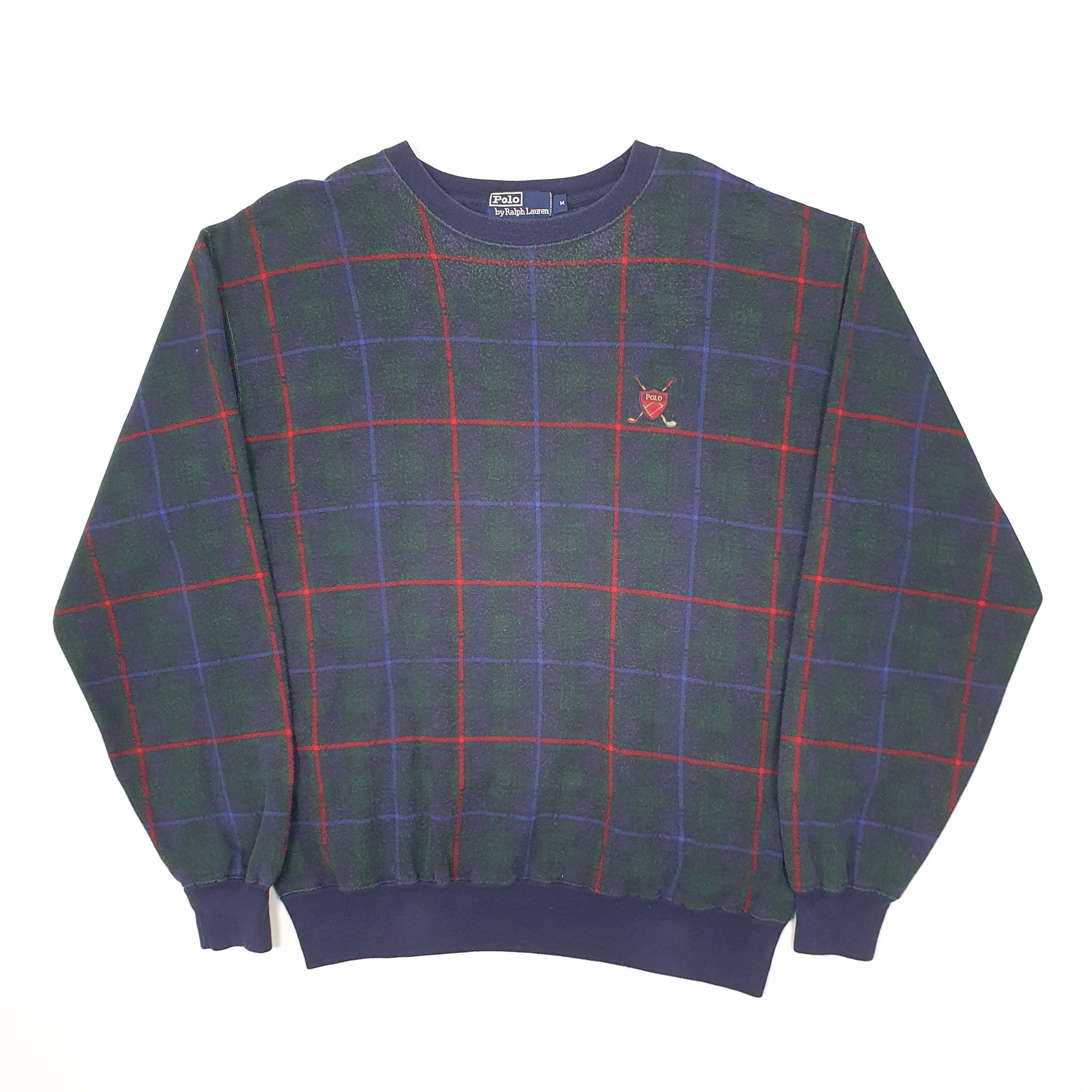 Mens Navy Polo Ralph Lauren Vintage Golf Tartan Check Crewneck Jumper