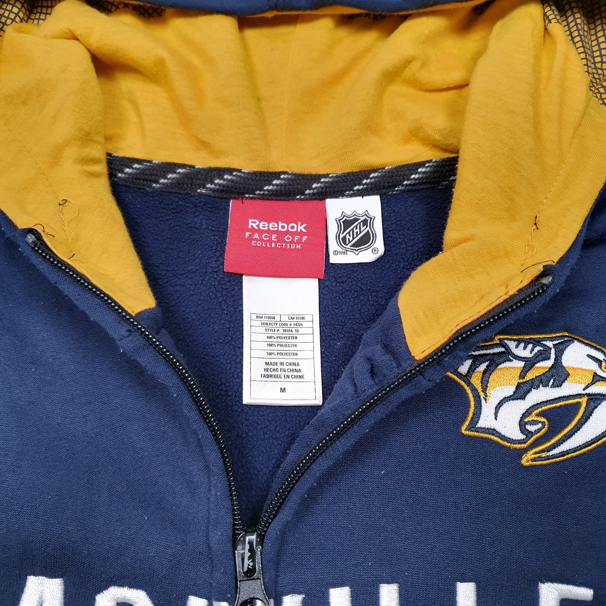 Mens Yellow Reebok NHL Hockey Nashville Predators Hoodie Full Zip Jumper