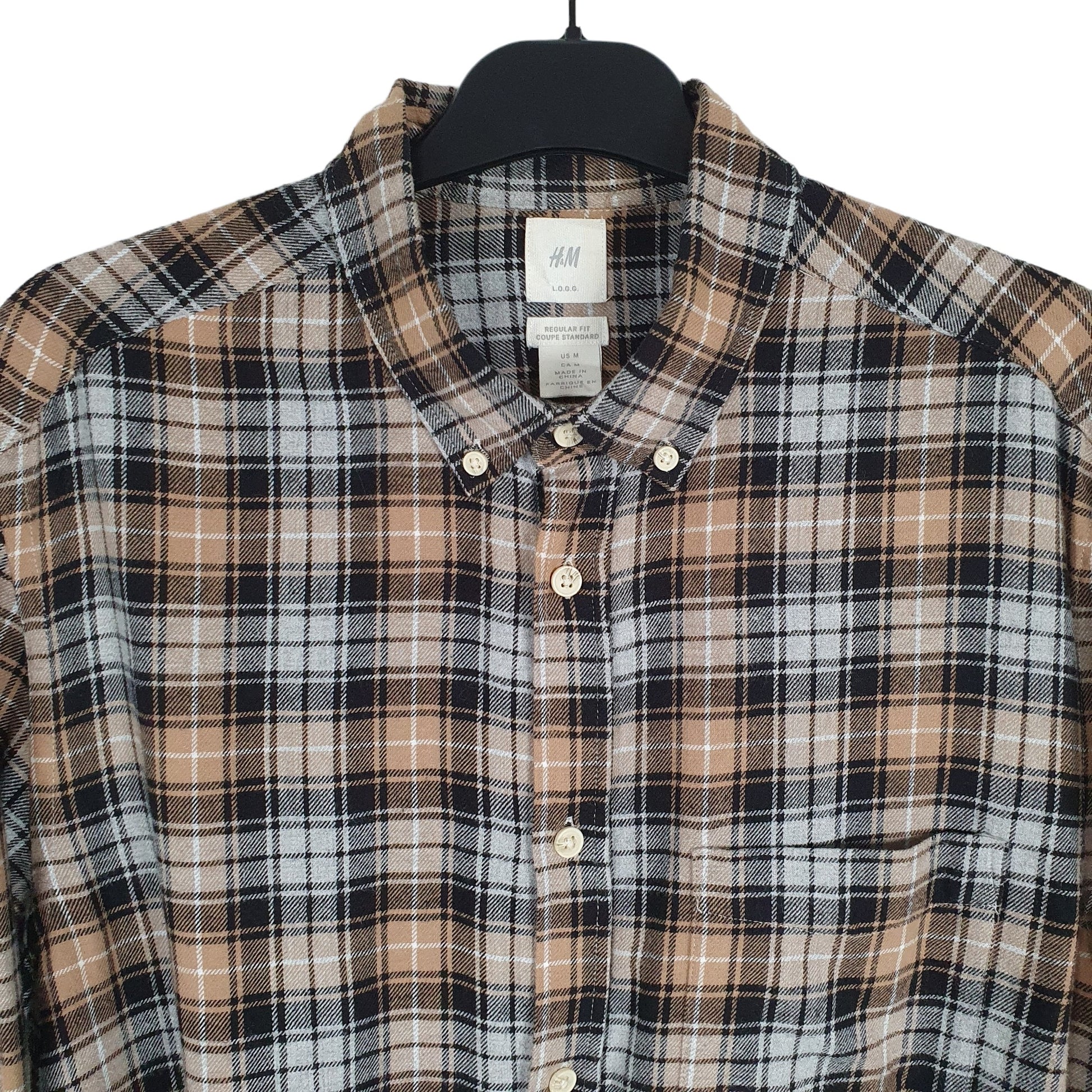H&M Flannel Shacket Long Sleeve Regular Fit Check Shirt Tan