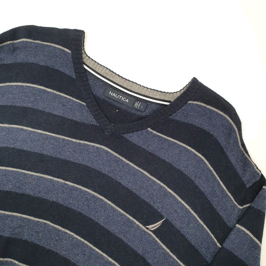 Nautica Striped V Neck L Navy