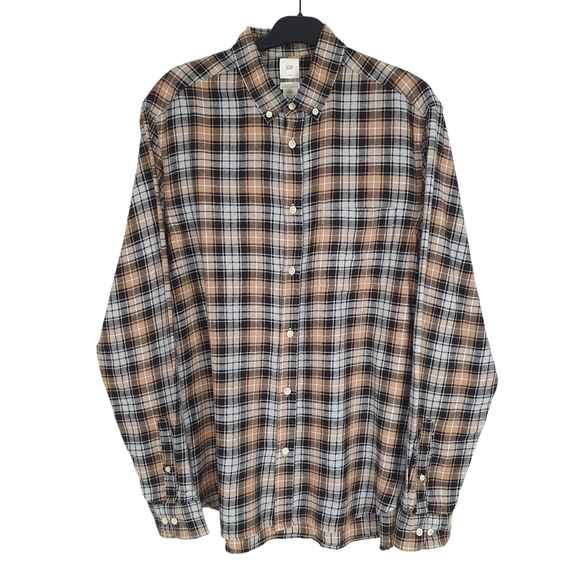 H&M Flannel Shacket Long Sleeve Regular Fit Check Shirt Tan