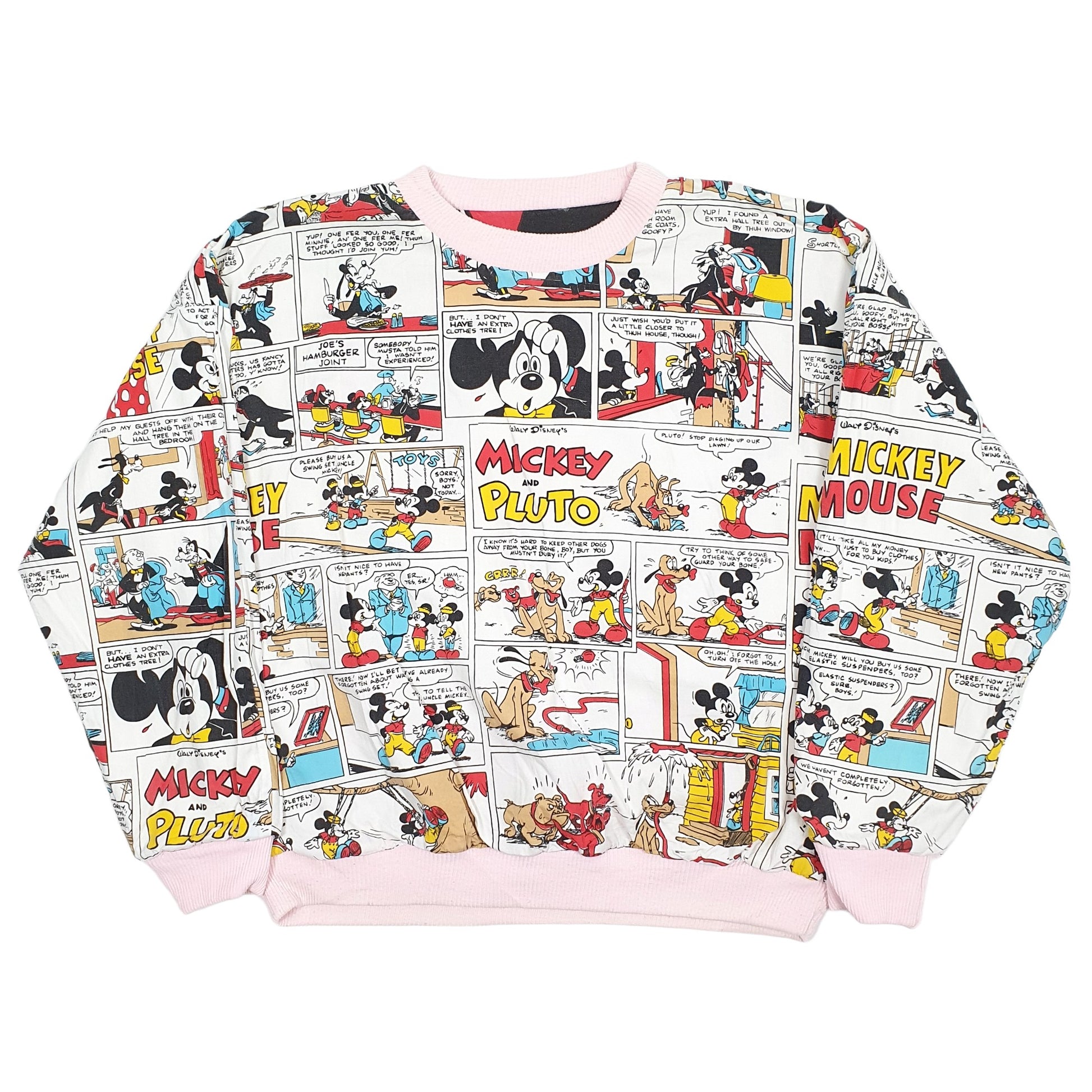 Mens White Disney Mickey & Pluto Minnie Cartoon Strip Reversible Crewneck Jumper