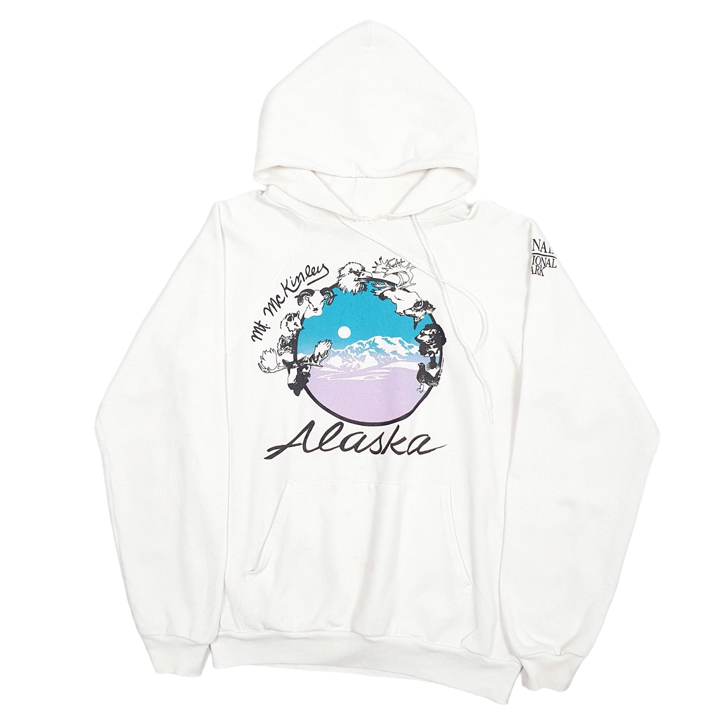 Mens White Hanes Vintage 1980s Denali National Park USA Alaska Hoodie Jumper