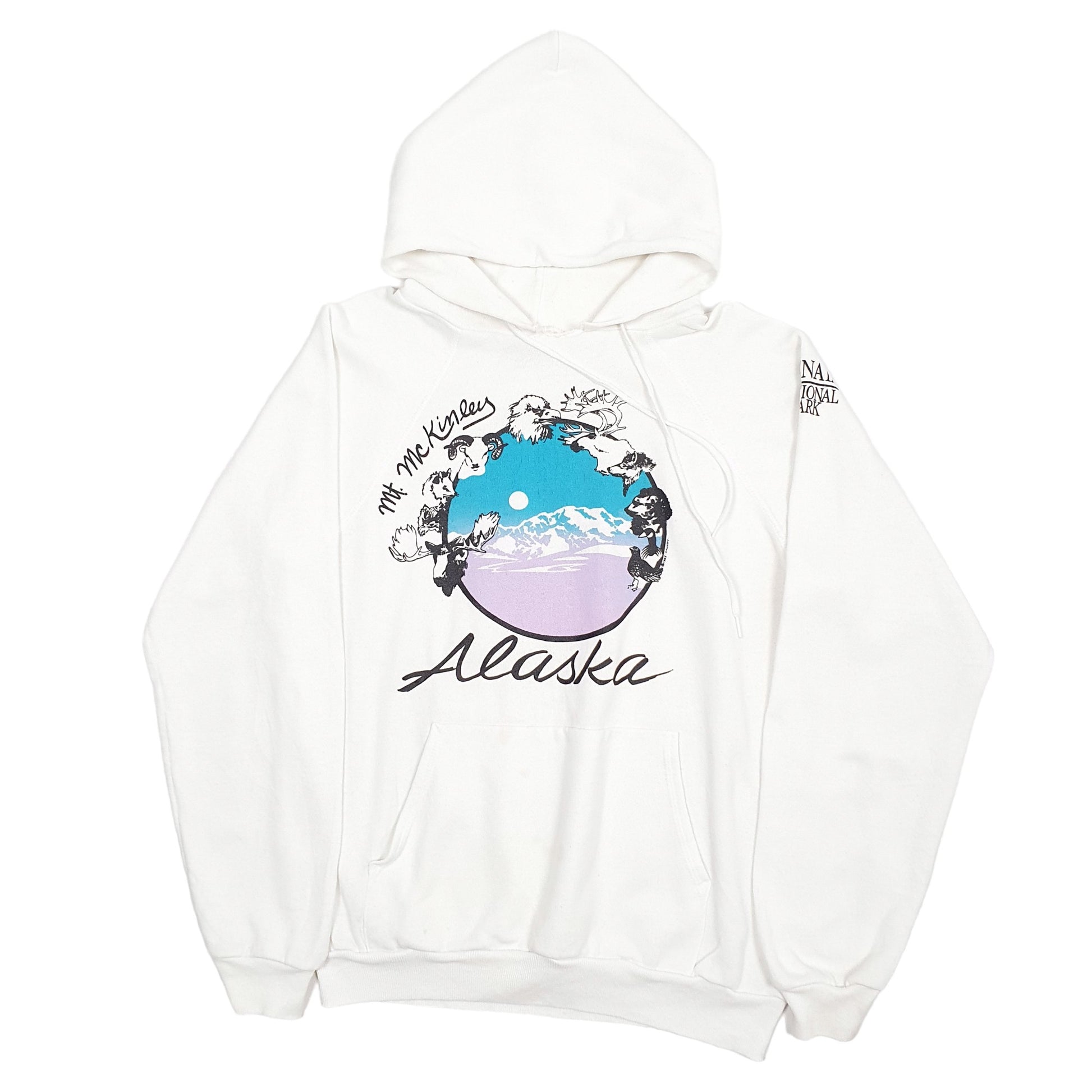 Mens White Hanes Vintage 1980s Denali National Park USA Alaska Hoodie Jumper