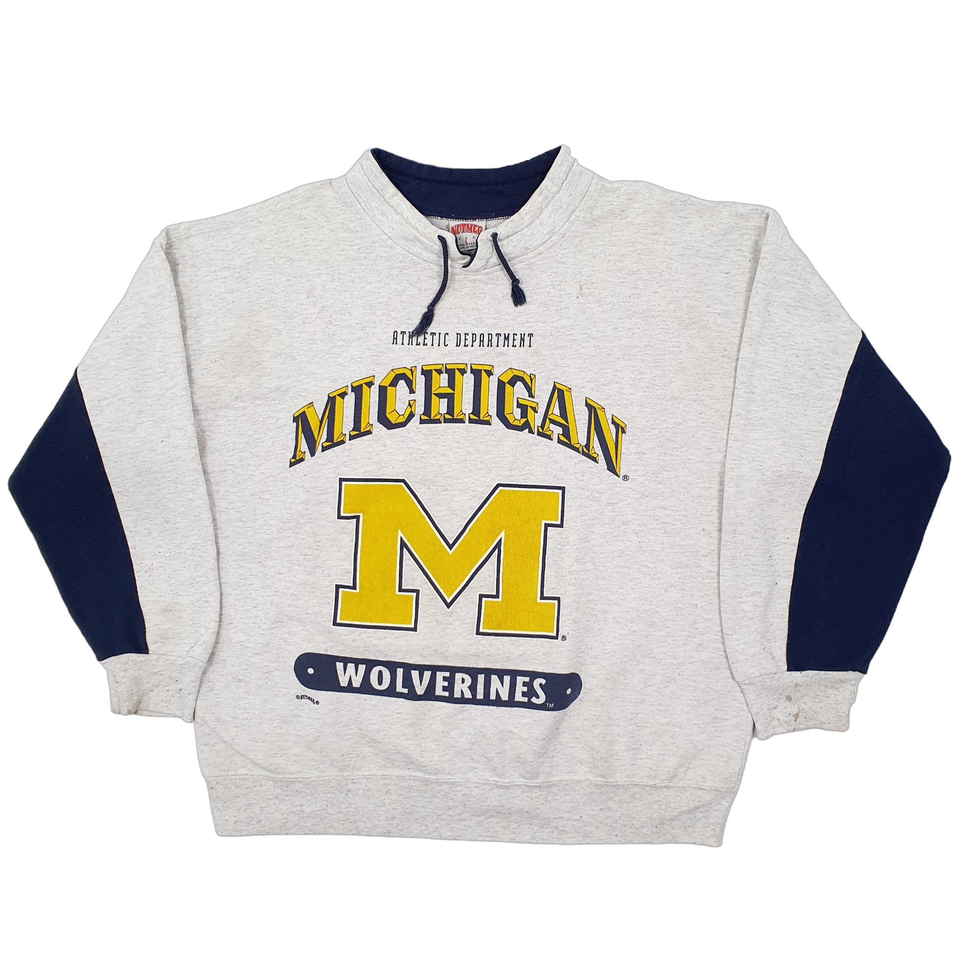 Mens Grey Nutmeg Mills Vintage 1990s Made in USA Michigan Wolverines Football USA College Crewneck Jumper