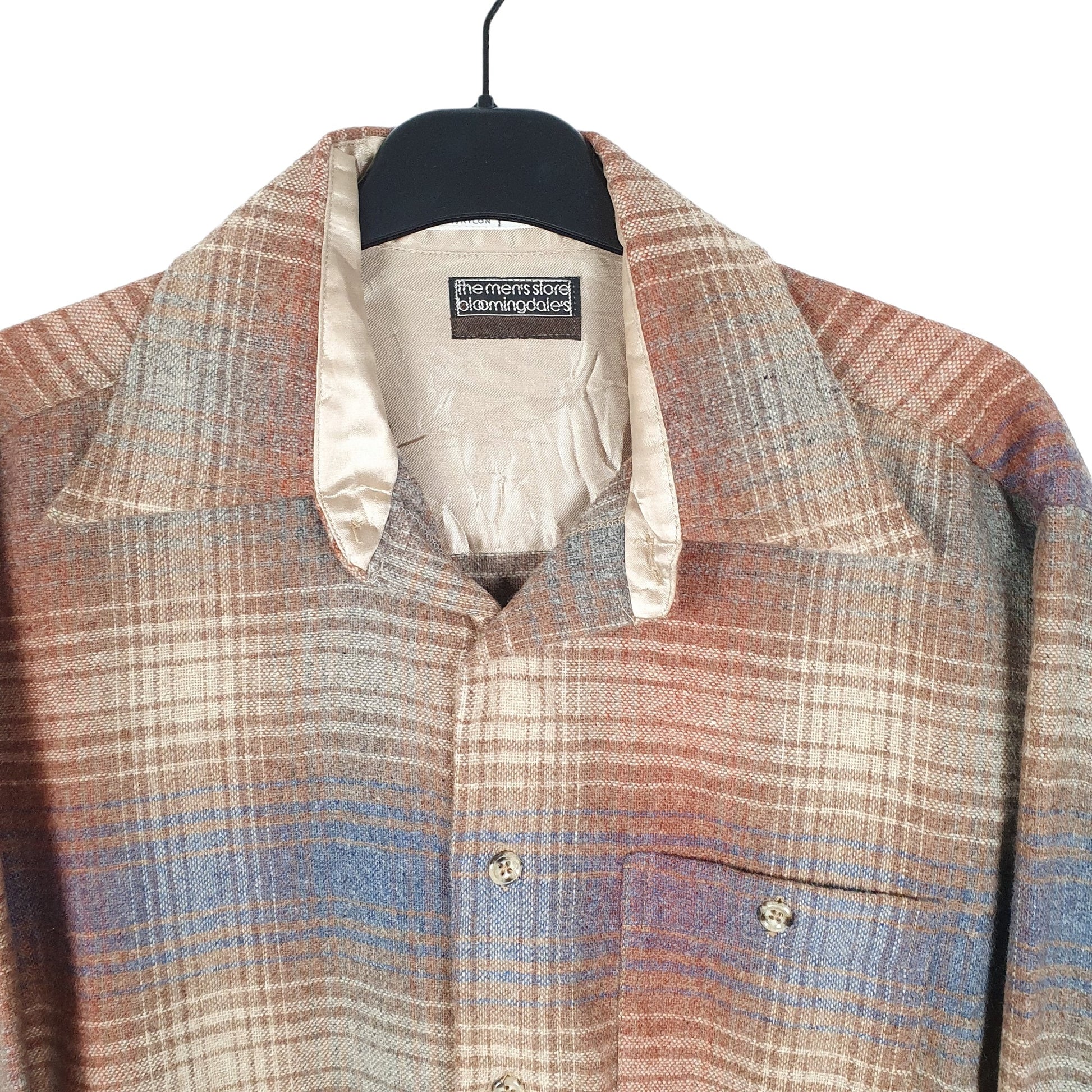Bloomingdales Flannel Shacket Men's Store Vintage 70s Long Sleeve Regular Fit Check Shirt Brown