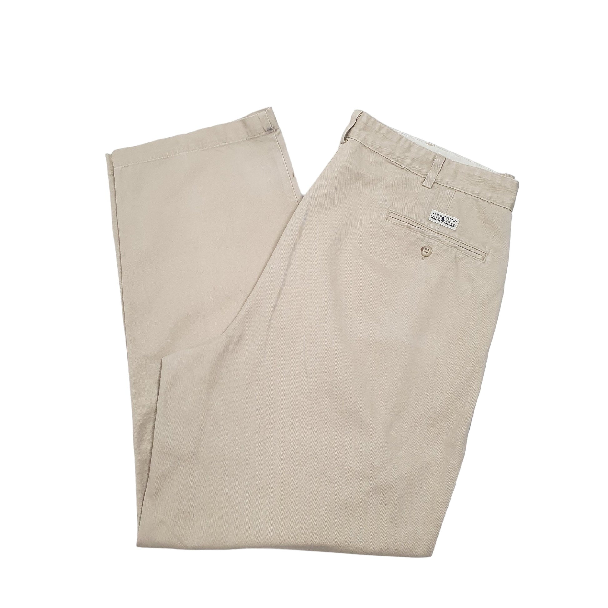 Mens Beige Polo Ralph Lauren Double Pleated Vintage Made In USA Polo Chino Trousers