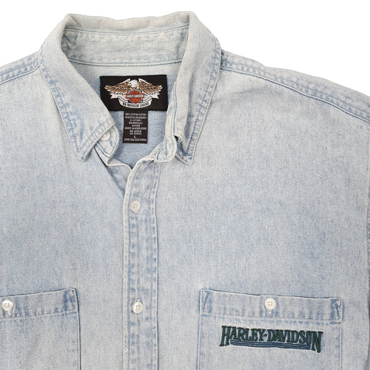 Mens Blue Harley Davidson Motorcycles Denim Overshirt Shacket Jacket Long Sleeve Shirt