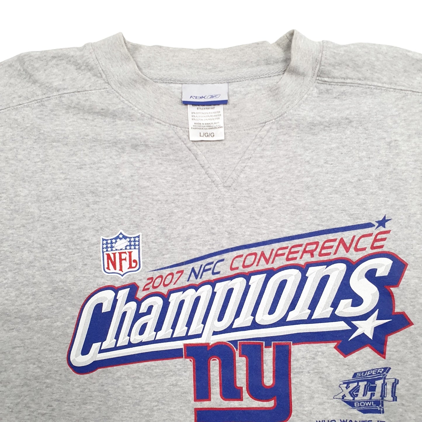 Mens Grey Reebok NFL Champions 2007 New York Giants Crewneck Jumper