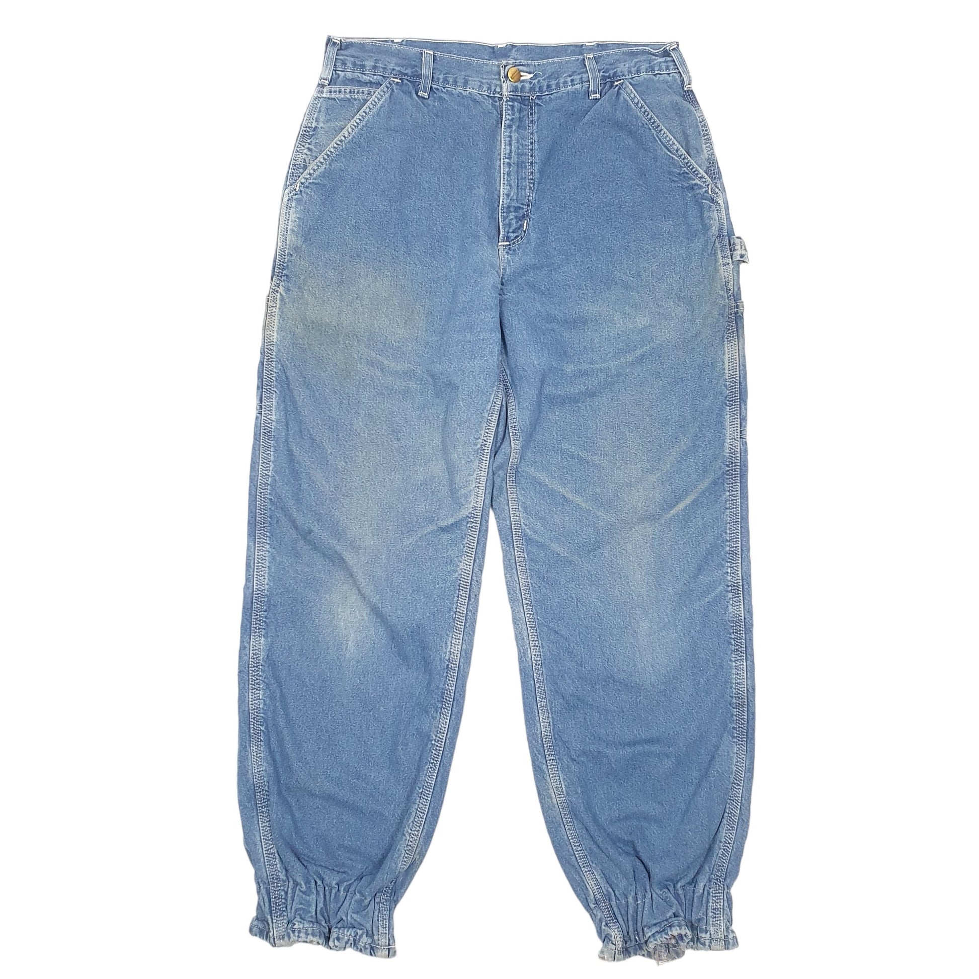 Mens Blue Carhartt Carpenter Made In USA Altered Cotton Lined B14 JeansW34 L32