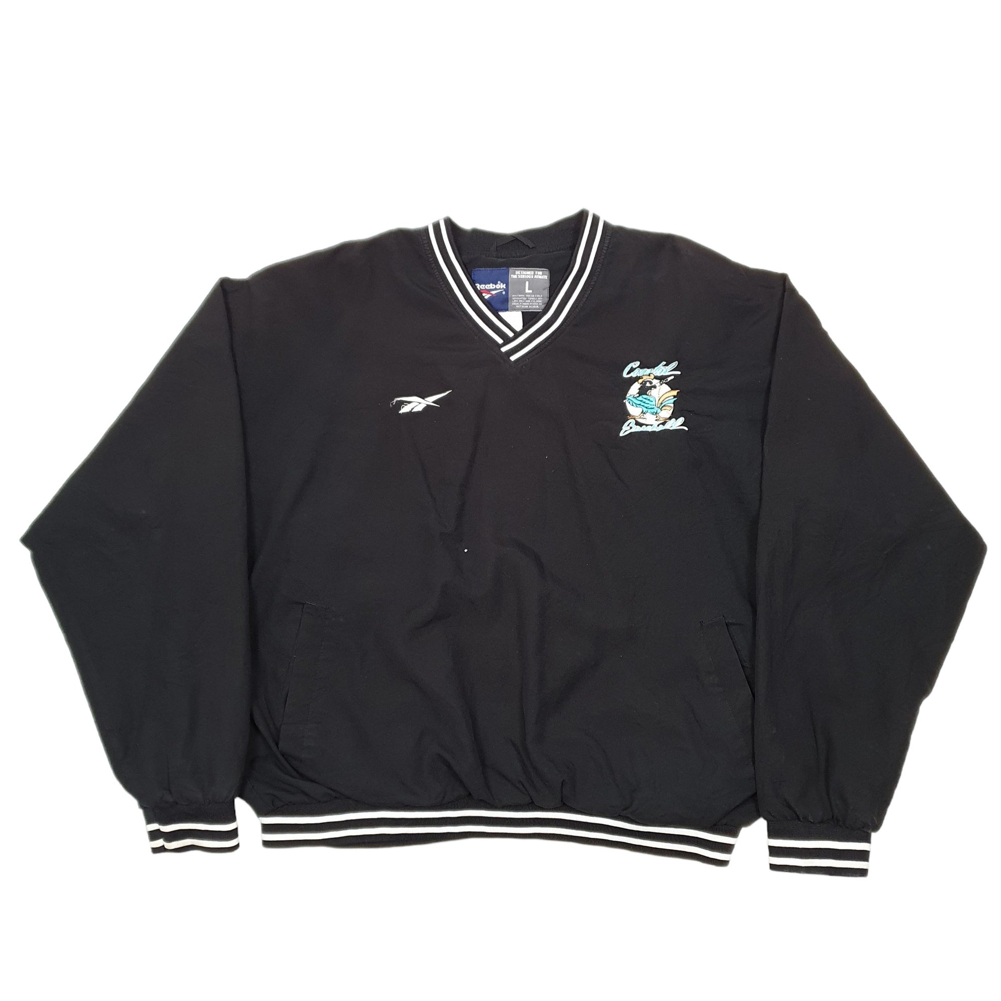 Mens Black Reebok Active Smock Coastal Baseball USA Vintage V Neck Jumper