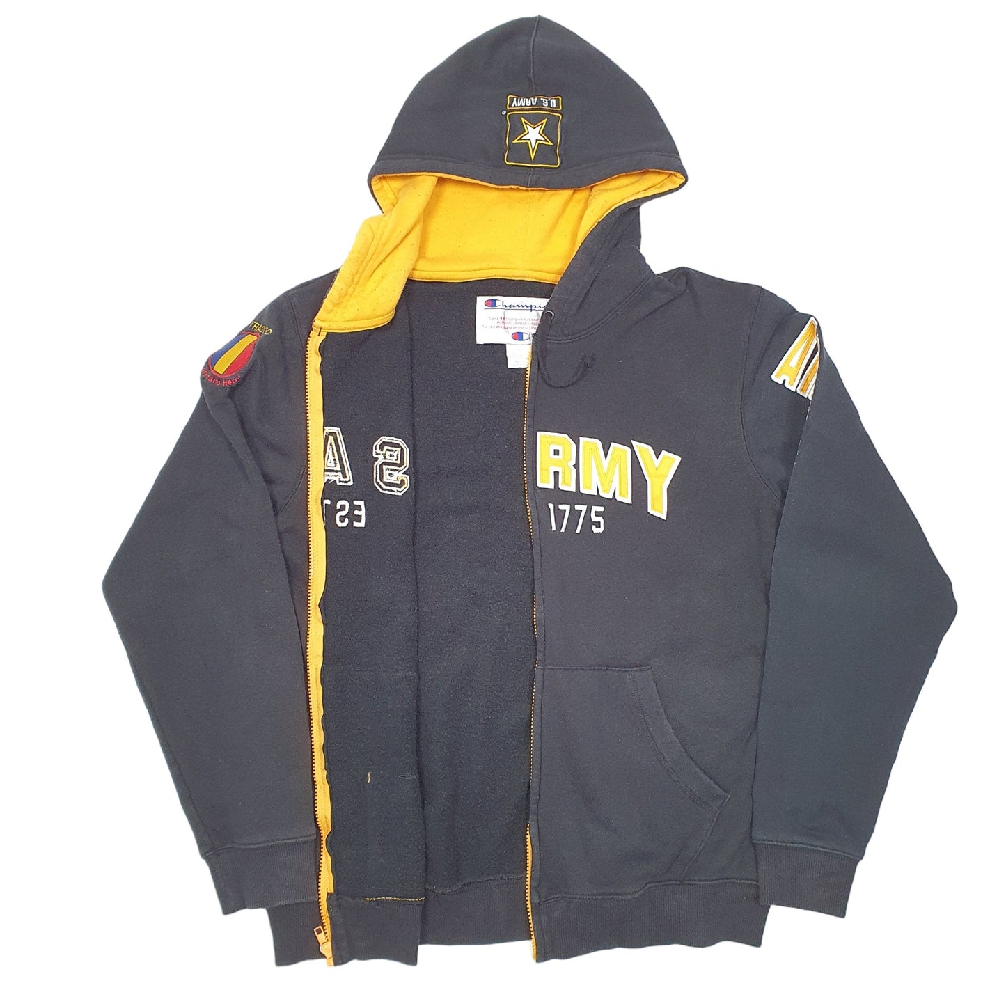 Mens Black Champion Hoodie US Army Est 1775 Strong Full Zip Jumper