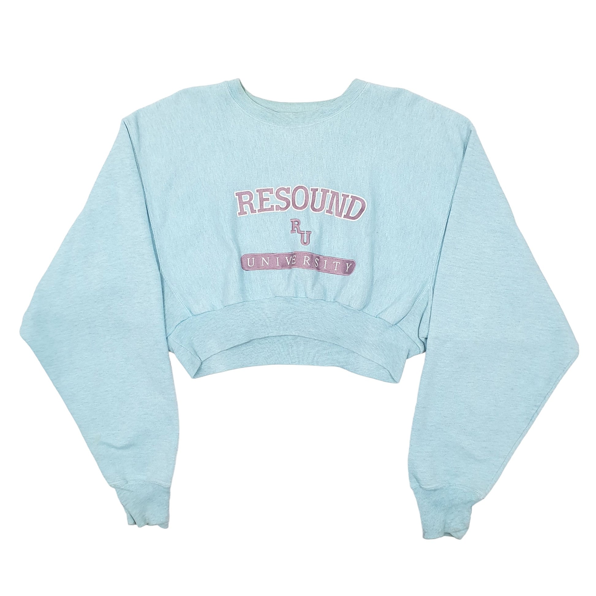 Womens Blue Champion Crop Top Vintage 1990s Reverse Weave USA College Resound Crewneck Jumper