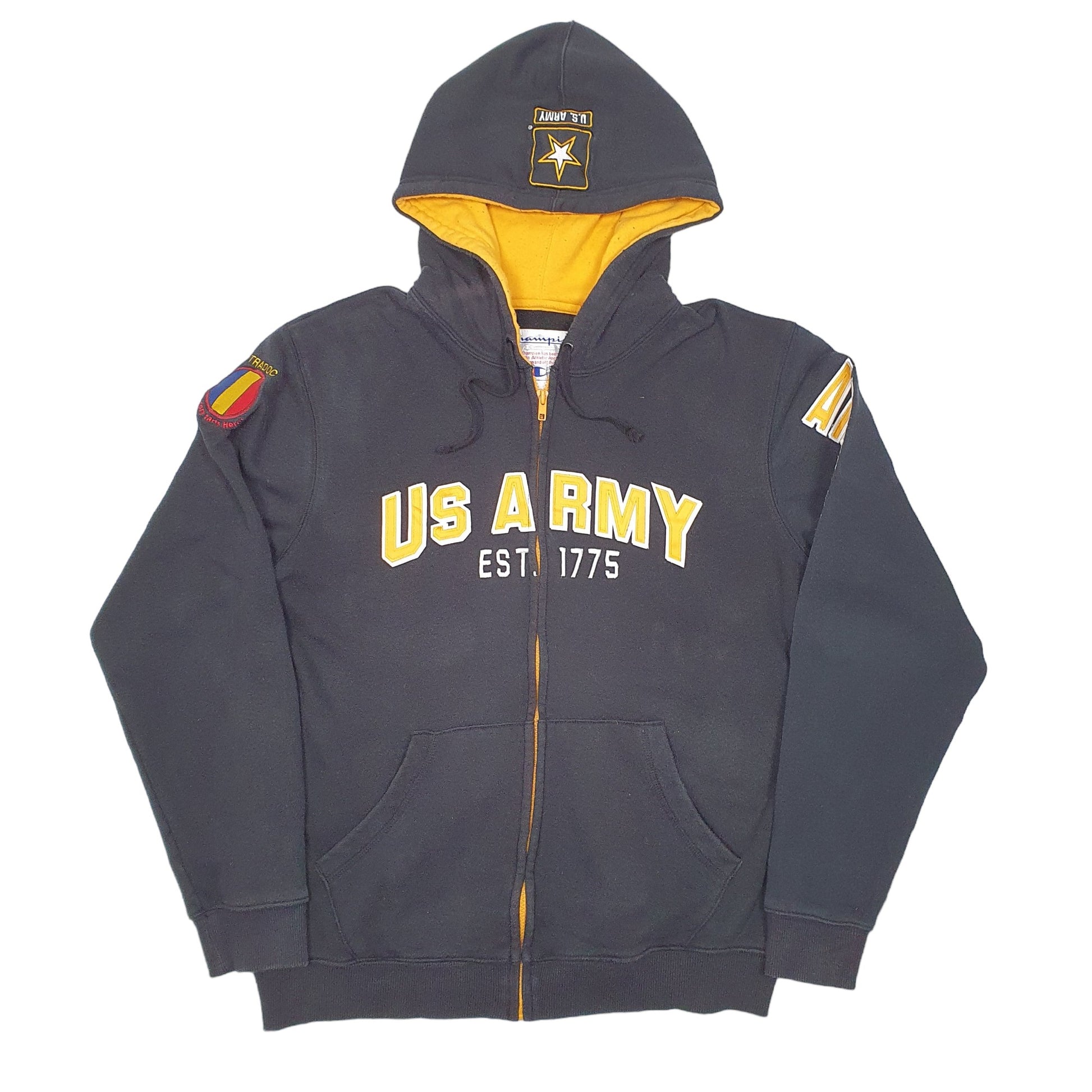 Mens Black Champion Hoodie US Army Est 1775 Strong Full Zip Jumper