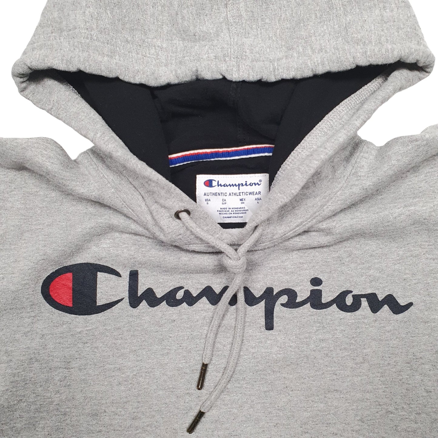Mens Grey Champion Spellout Hoodie Jumper