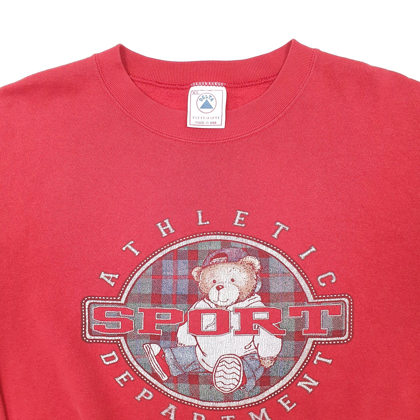 Mens Red Delta Vintage 1990s Fifty Fifty Made in USA Bear Athletics Crewneck Jumper