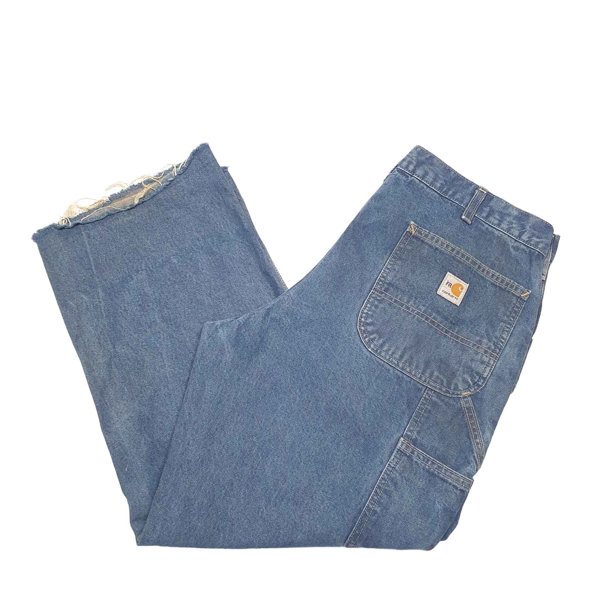 Mens Blue Carhartt Carpenter Flame Resistant Cut Offs FRB 13 JeansW36 L28