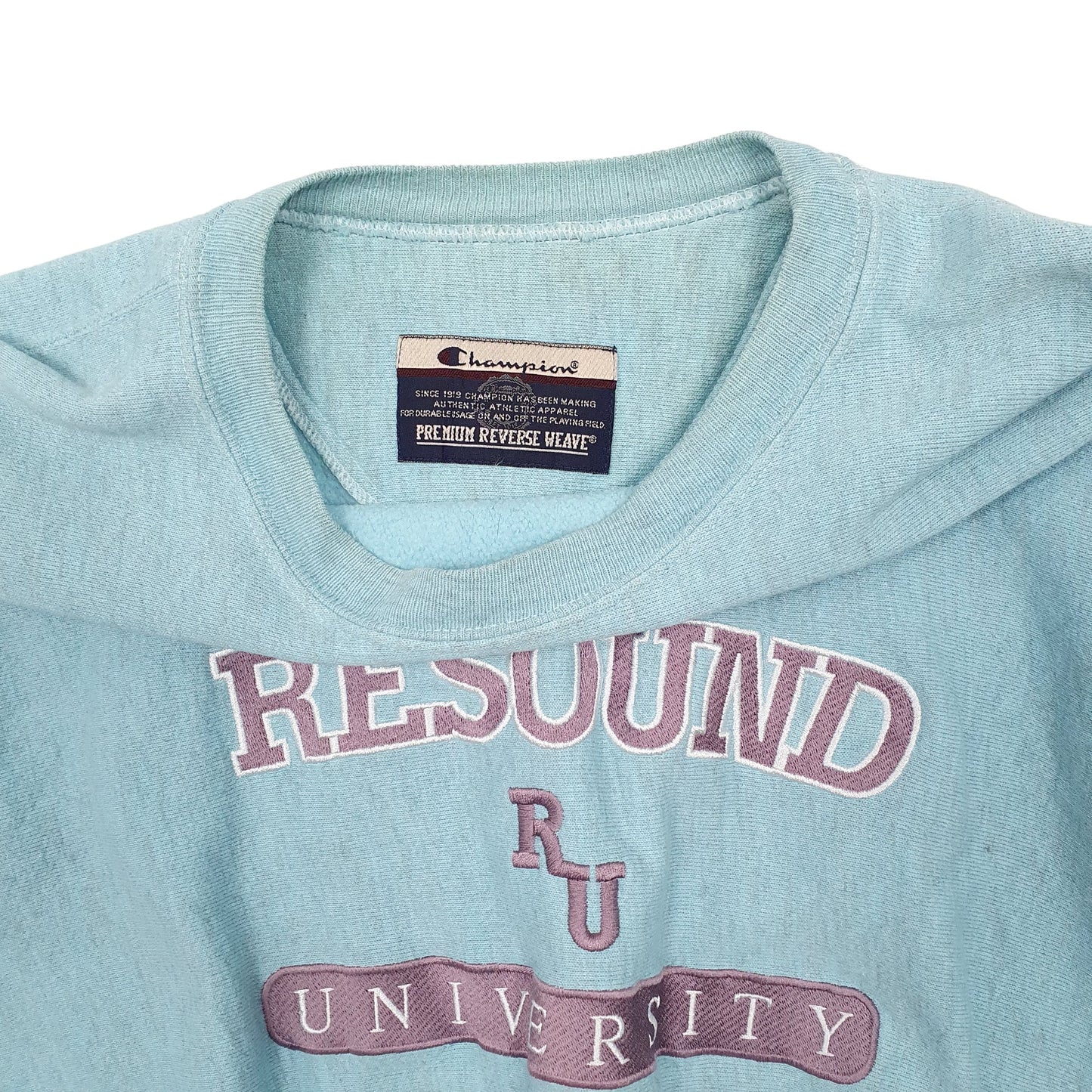 Womens Blue Champion Crop Top Vintage 1990s Reverse Weave USA College Resound Crewneck Jumper