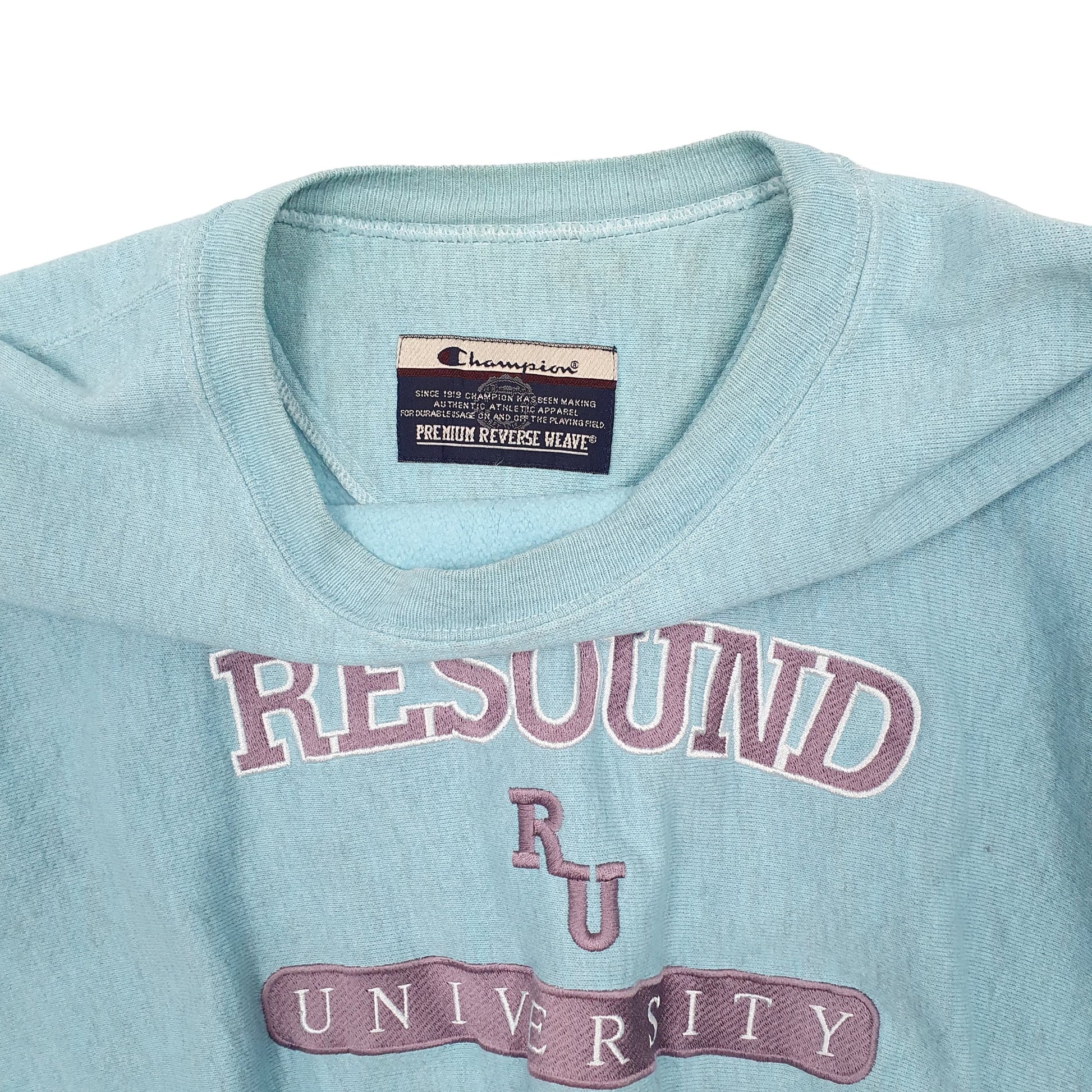 Womens Blue Champion Crop Top Vintage 1990s Reverse Weave USA College Resound Crewneck Jumper