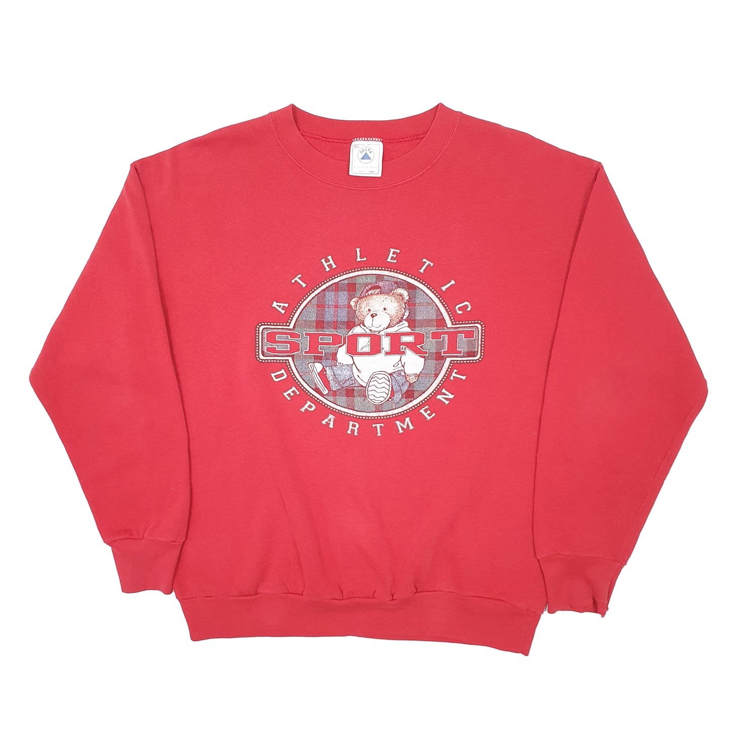 Mens Red Delta Vintage 1990s Fifty Fifty Made in USA Bear Athletics Crewneck Jumper
