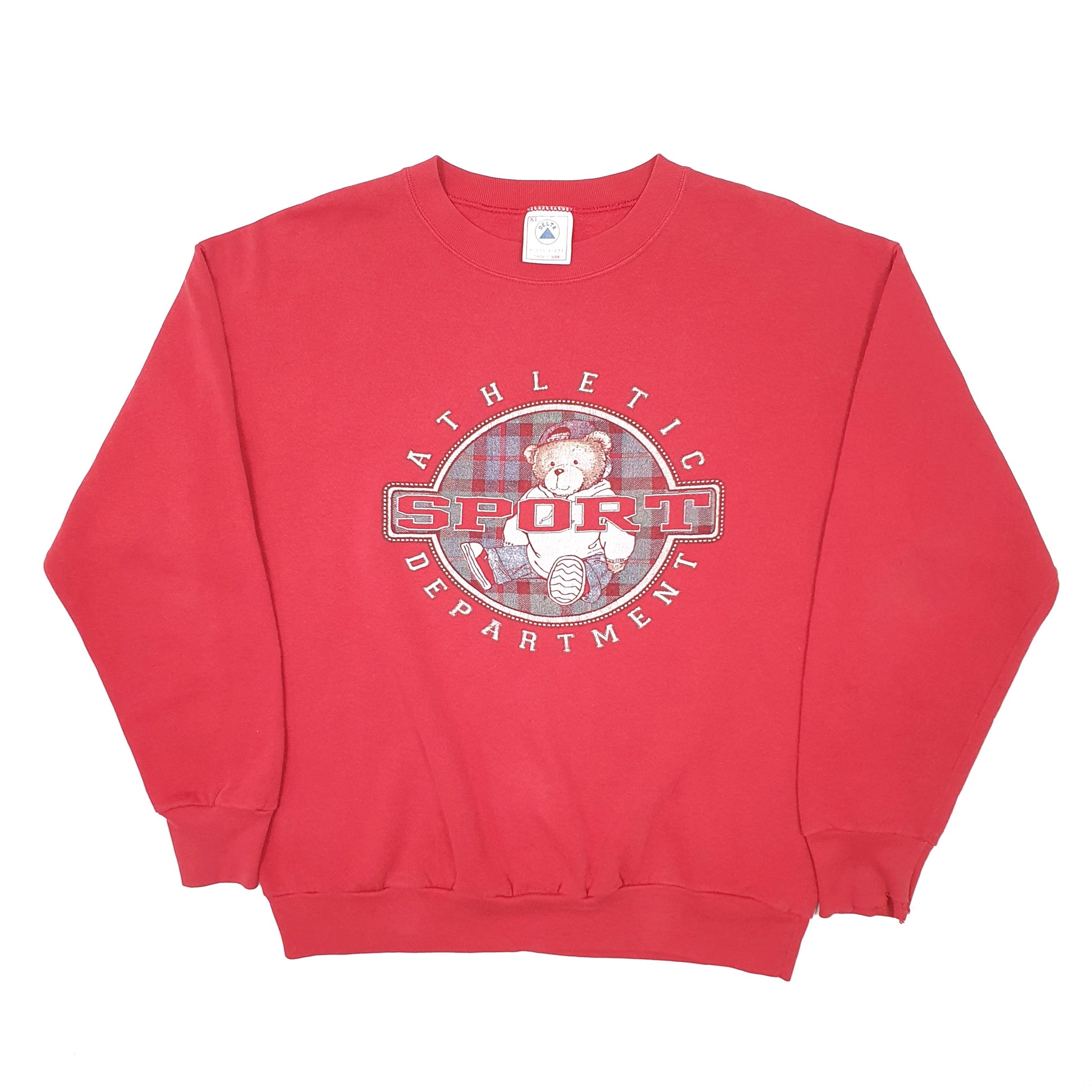 Mens Red Delta Vintage 1990s Fifty Fifty Made in USA Bear Athletics Crewneck Jumper