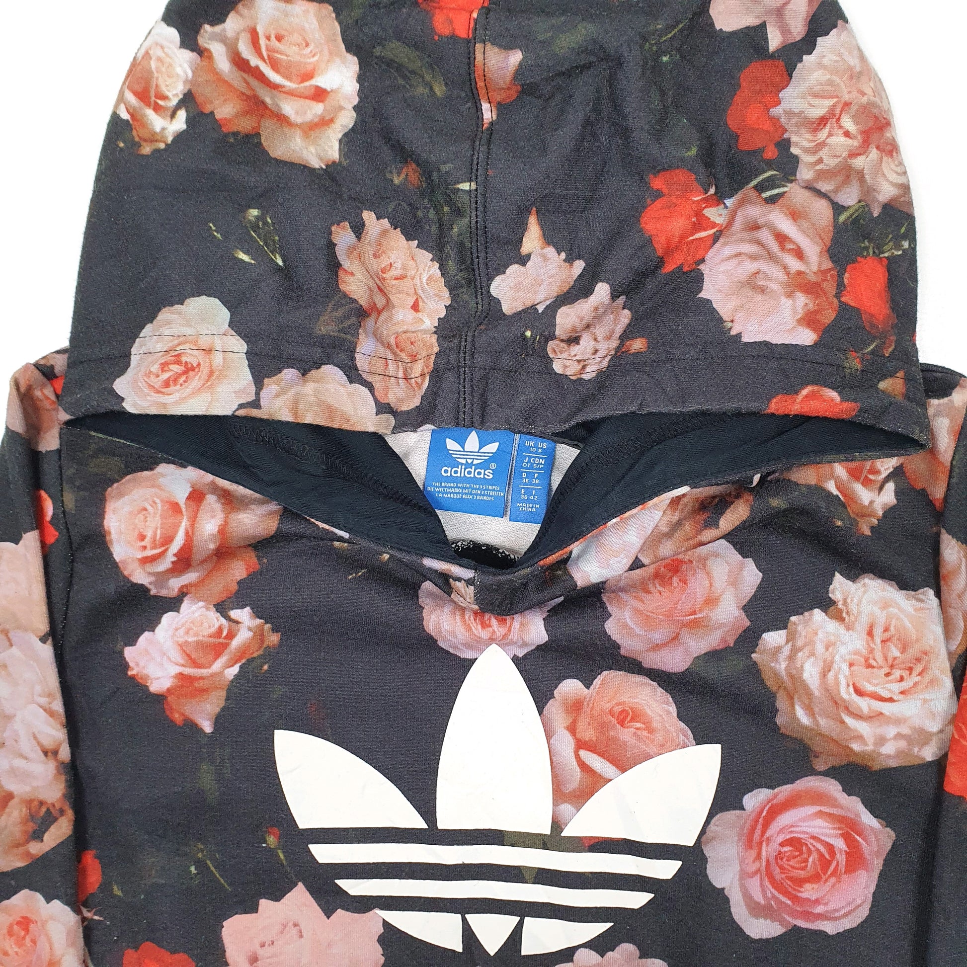 Womens Black Adidas Roses Flowers Lightweight Hoodie Jumper